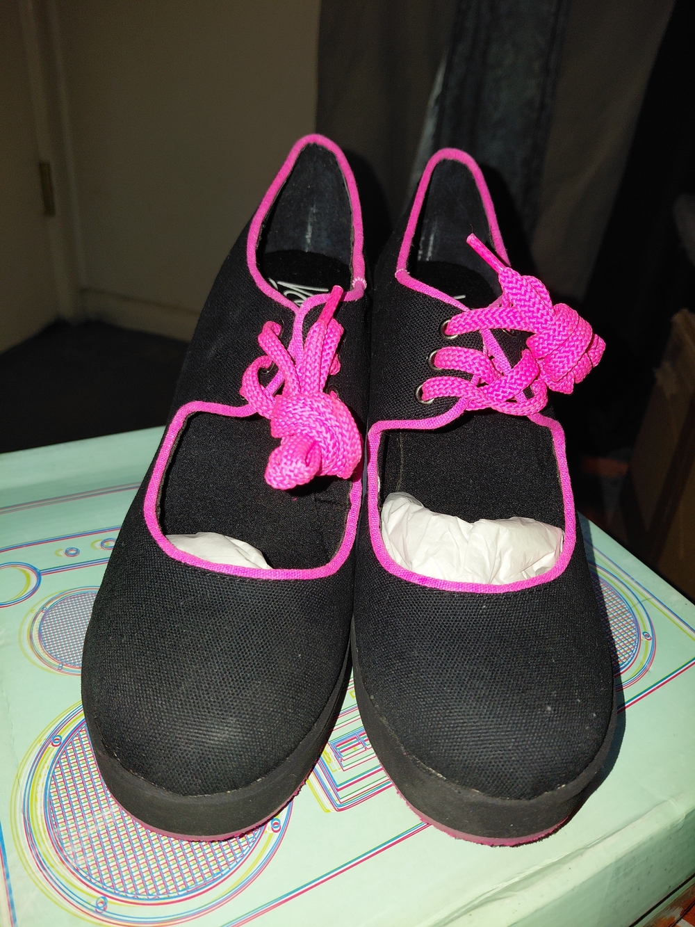 Volatile Black Mary Jane Flats with Hot Pink Trim